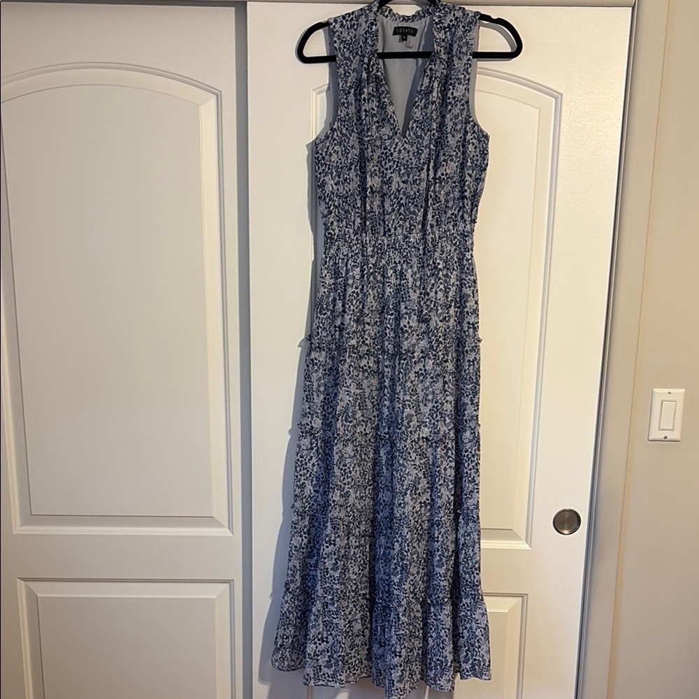 1. STATE Women's Ruffled Floral Blue Tie-Neck Tiered Maxi Dress